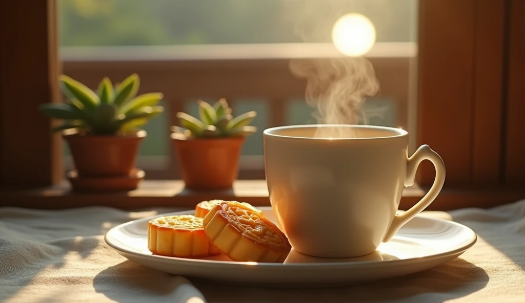 Elegant coffee time with a touch of mellow charm,bloom in silence。Linen texture,Exuding a warm and moist atmosphere。Deglazed and defogged ceramic coffee cup,Delicate and smooth glaze,Just right to carry the mellow aroma of coffee。The plate is filled with golden color、Fragrant Mid-Autumn Festival mooncakes,,It forms a tranquil picture full of Zen。
A bright moon hangs high in the sky outside the wooden window in the background，Bright light and shadows flow,Highlight the texture of utensils,Small Plants.It feels like you are in a peaceful Zen tea space。Interlacing of light and shadow,Exuding the warmth and softness of the afternoon,Provides a comfortable and relaxing atmosphere。
The overall picture is minimalist but rich in layers,Elegance reveals a vague romantic charm。Meticulous photography techniques,Capturing the Zen and tranquility of the tea ceremony,Demonstrate high-quality visual experience。