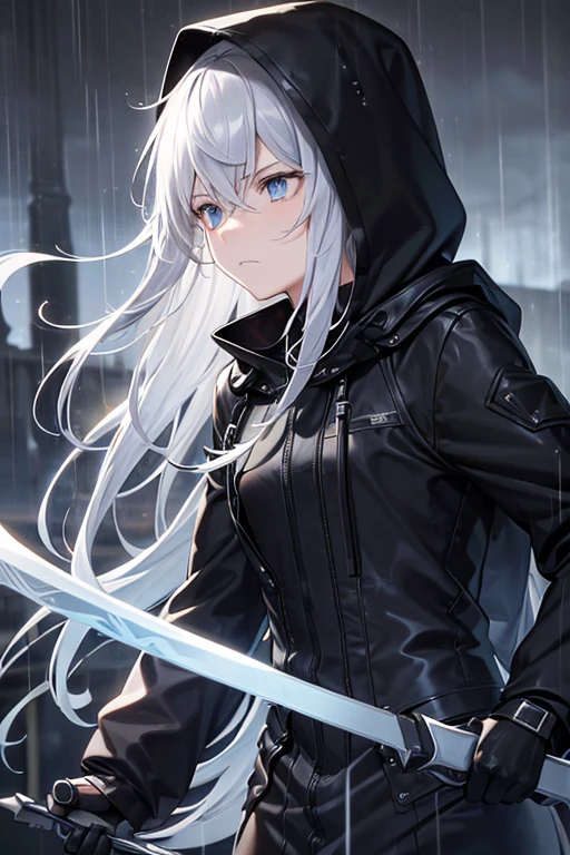 One person, High resolution, Anatomically correct, Textured skin, Long Hair,Silver Hair, blue eyes, gloomy,unrest,Sad face, in the rain,(((Character profile))), Black rider suit,Remove the hood, Has a bandage on his face,