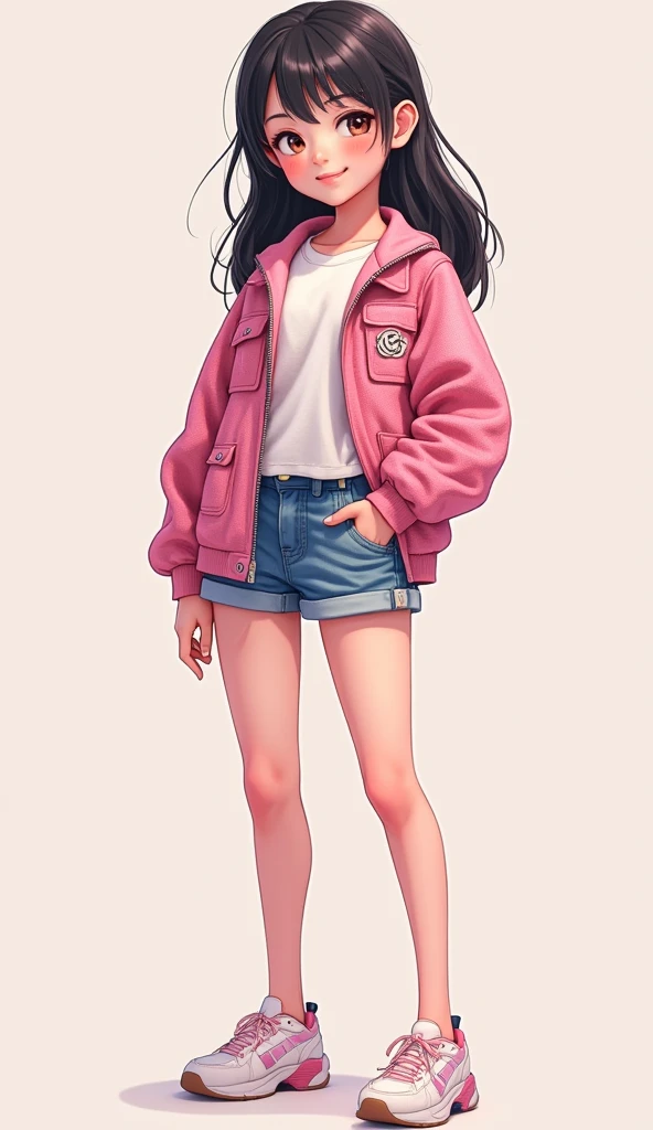 ((best quality,4k,highres,masterpiece:1.2)),((character concept art)), 1 female, , Japanese. Known for her lively personality and friendly demeanor, she radiates an outgoing charm. With her contagious smile and bright eyes, she effortlessly draws people towards her. Her body language is as inviting as her personality, always open and engaging. (((She's usually seen in a Chanel Pink Tweed Jacket and Chanel Pink Tweed Shorts))), her casual and comfortable persona reflected in her relaxed manner of wearing them. ((intricate detail)), super finely detailed hands, ultra finely detailed fingers(((ten fingers))), (standing confidently), (full body showcase), (show full body), (no logos on background), (no logo), ((plain background)), ((plain background)), (((empty background))).