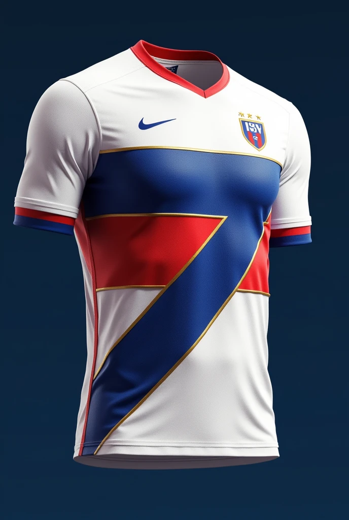 Create a modern professional football shirt with white, red, blue and gold colors