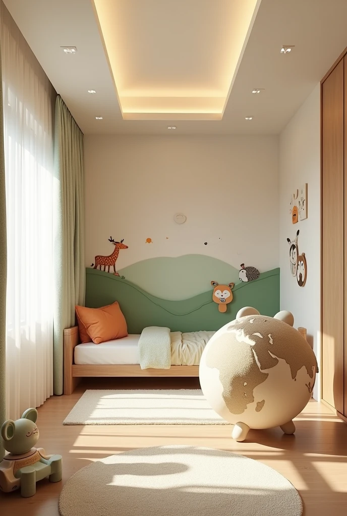 Professional 3d architecture rendering design of modern and light moss and so light Thunder and light cream and light orange wooden Modern and minimal design for chid bedroom and light cream carpet with animals painting and white painting wall and light wooden closet with animals painting and modern ceiling lighting and modern curtains for chid room and the child bed similar globe and safety chair for chid and many toys