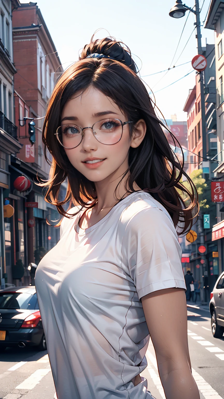 Sunny at noon, (1.5) A woman is on the side of the road, The street is the background, The woman is wearing a white T-shirt, The background is outdoors, The expression looks especially happy, Expressions of excitement, Happiness is in the spotlight, The lens mainly captures the upper body, Loepffe's artistic style ((Xinhai City), Popular with CGstation, Xinhai Chen H 2160, Inspired by Bian Shoumin, Chen Xinghai, Planned, Gwitz Style, high quality, 4K, 8k, solve, -auto-s2