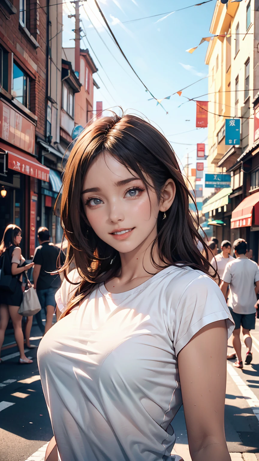 Sunny at noon, (1.5) A woman is on the side of the road, The street is the background, The woman is wearing a white T-shirt, The background is outdoors, The expression looks especially happy, Expressions of excitement, Happiness is in the spotlight, The lens mainly captures the upper body, Loepffe's artistic style ((Xinhai City), Popular with CGstation, Xinhai Chen H 2160, Inspired by Bian Shoumin, Chen Xinghai, Planned, Gwitz Style, high quality, 4K, 8k, solve, -auto-s2