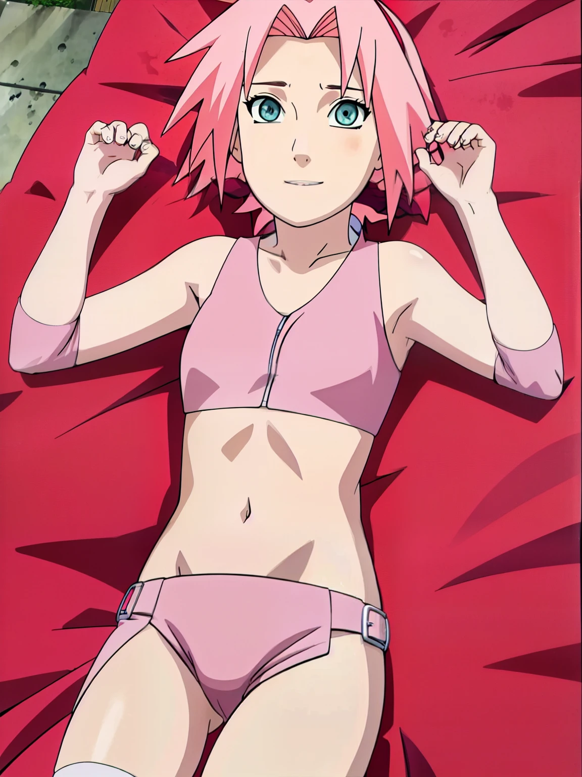 Sakura showing all her beautiful feminine body lying on a bed showing bra and panties 