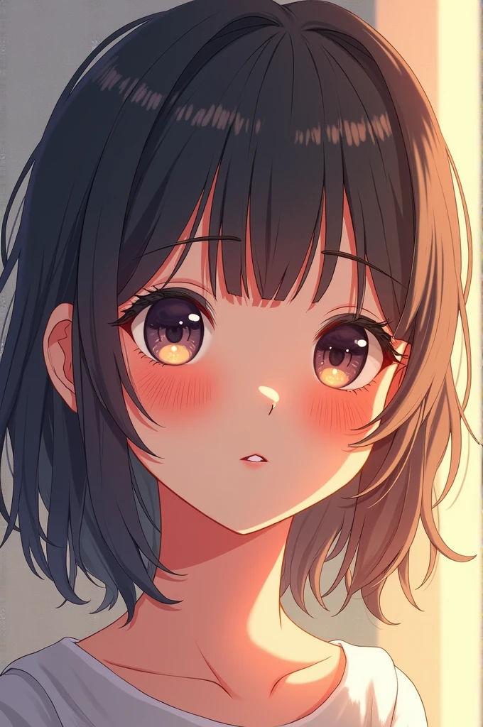 Generate an image of shy girl with overgrown bangs and freckles anime style