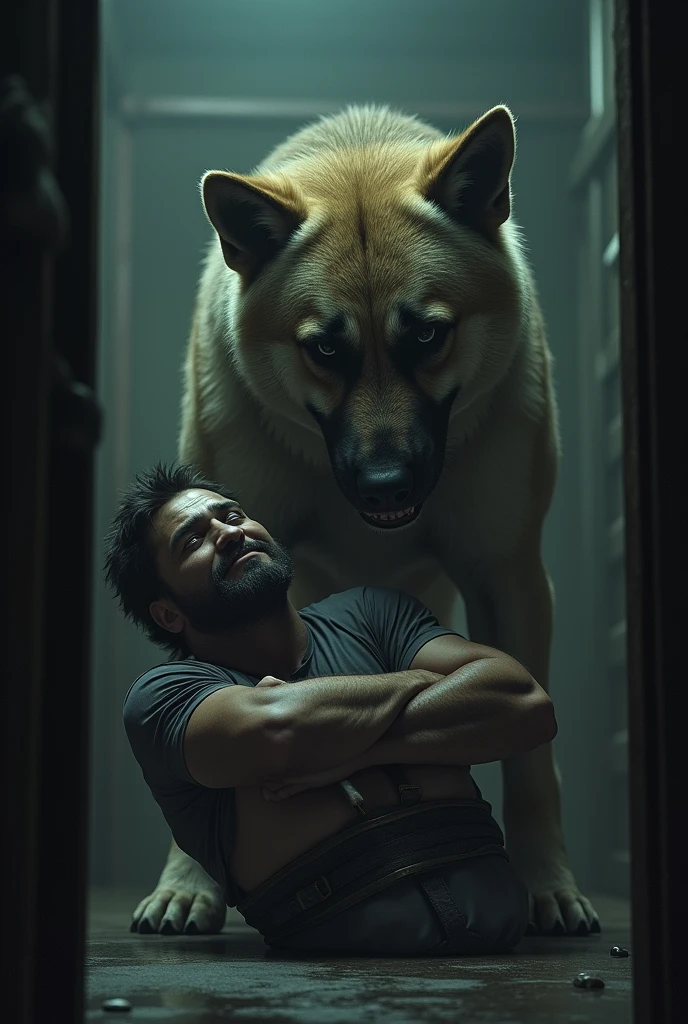 a dog with a man tied up