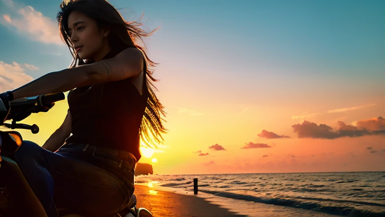 Beautiful woman with long hair riding a motorcycle towards the sea、evening、Beautiful sunset、Coastal Road、Photorealistic、4K、