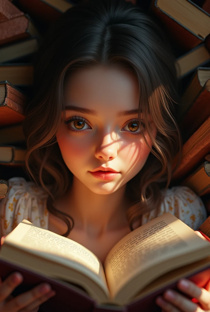 A girl in a cozy nook, beautiful detailed eyes, beautiful detailed lips, extremely detailed eyes and face, long eyelashes, reading a book, surrounded by books, warm lighting, comfortable ambiance, photorealistic, 8k, highres, masterpiece, ultra-detailed, realistic, physically-based rendering, vivid colors, studio lighting