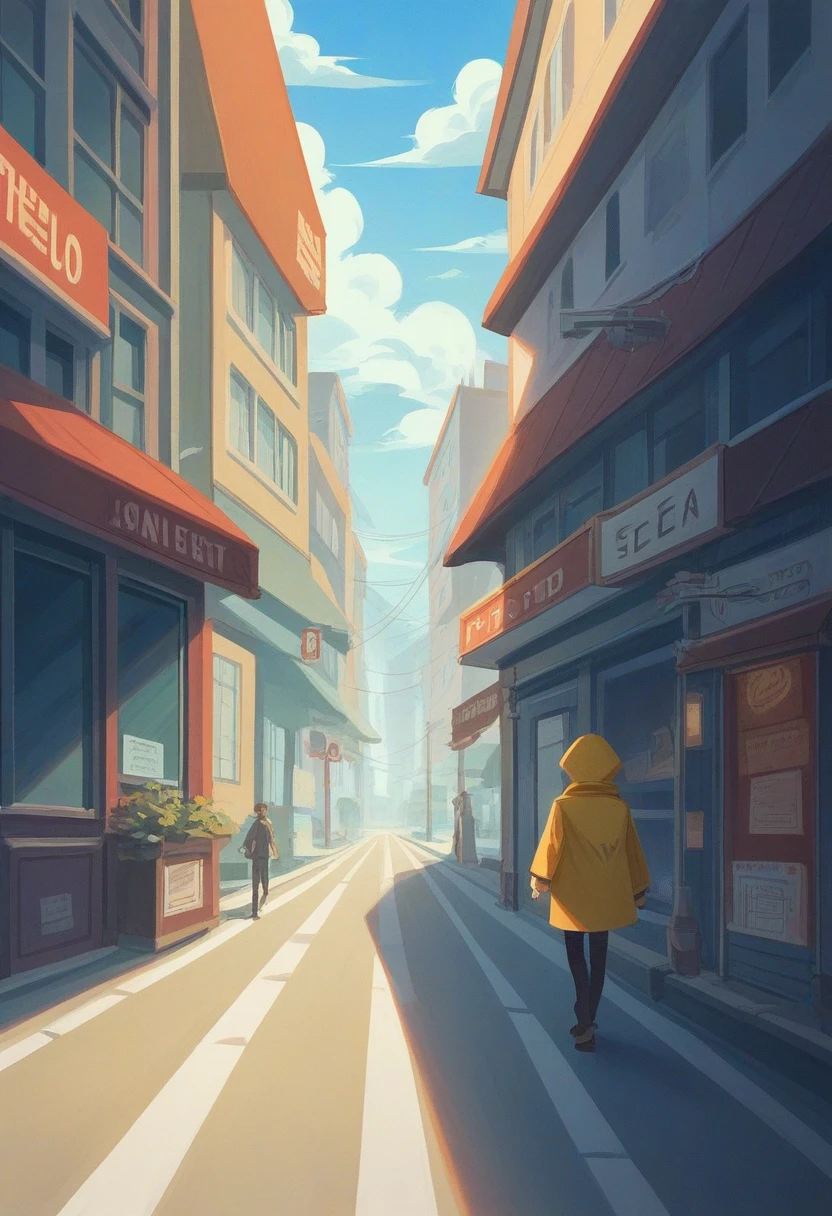Create an image of a vibrant urban street scene during the day where styles of both artists  Andry Warhol and Picasso are met , with a clear blue sky and a few wispy clouds. The style should be bold and graphic with strong use of shadows and highlights to create a sense of depth. Buildings on either side of the street are tall, with visible windows, in shades of red, orange, yellow, and blue. The street is lined with parked cars that have a vintage design aesthetic in colors such as black, orange, red, and teal. There is one pedestrian in the center of the composition wearing a yellow coat walking away from the viewpoint towards the vanishing point at the end of the street. The overall color palette is highly saturated with an emphasis on contrasting colors to create a lively atmosphere.