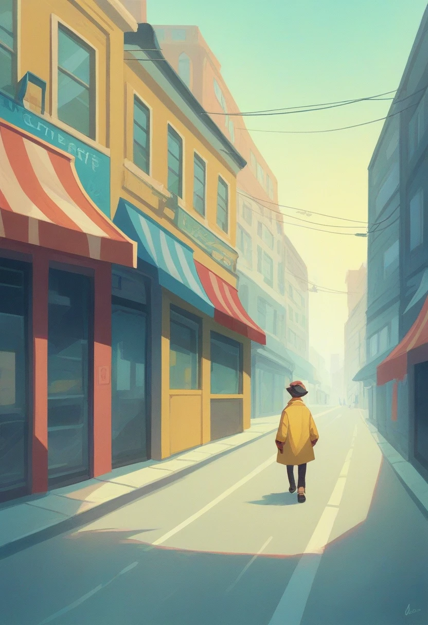 Create an image of a vibrant urban street scene during the day where styles of both artists Andry Warhol and Picasso are met , with a clear blue sky and a few wispy clouds. The style should be bold and graphic with strong use of shadows and highlights to create a sense of depth. Buildings on either side of the street are tall, with visible windows, in shades of red, orange, yellow, and blue. The street is lined with parked cars that have a vintage design aesthetic in colors such as black, orange, red, and teal. There is one pedestrian in the center of the composition wearing a yellow coat walking away from the viewpoint towards the vanishing point at the end of the street. The overall color palette is highly saturated with an emphasis on contrasting colors to create a lively atmosphere.