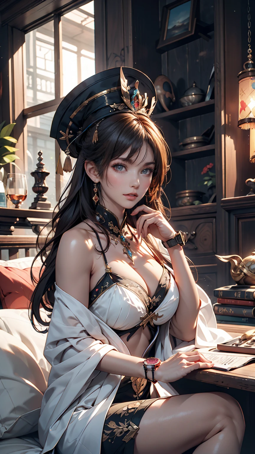 There is a woman sitting on the beach holding a watch, Queen of the Sea Mu Yanling, Beautiful digital art, Highly detailed digital art in 4K, Beautiful Fantasy Empress, 8K high quality, detailed art, Fantasy Beautiful, Jan J, Beautiful gorgeous digital art, Gwaiz, artwork in the style of Gwaiz, Beautiful fantasy art, Chinese Fantasy