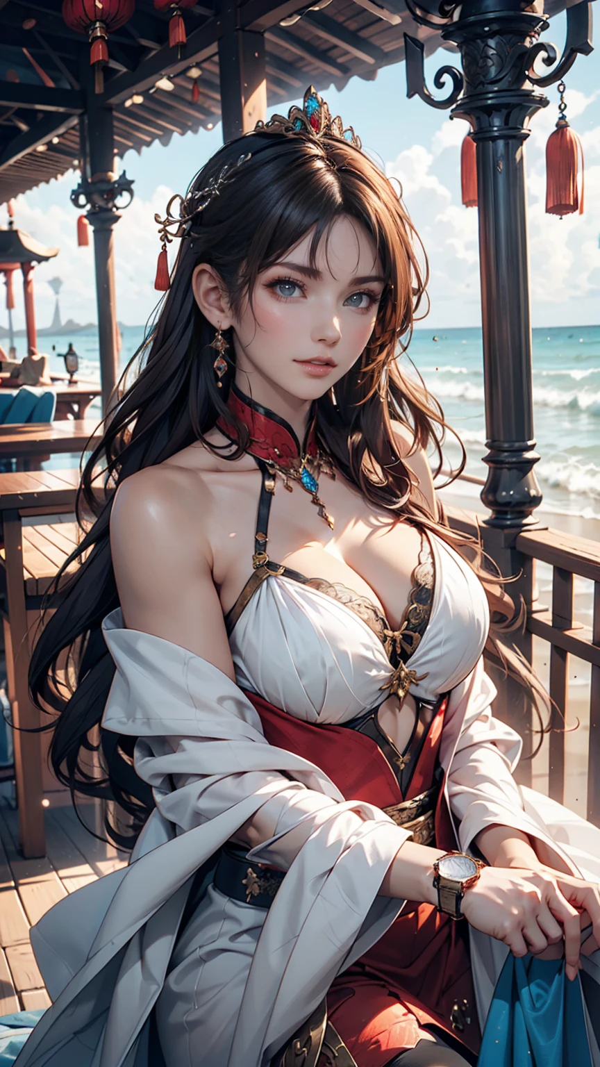 There is a woman sitting on the beach holding a watch, Queen of the Sea Mu Yanling, Beautiful digital art, Highly detailed digital art in 4K, Beautiful Fantasy Empress, 8K high quality, detailed art, Fantasy Beautiful, Jan J, Beautiful gorgeous digital art, Gwaiz, artwork in the style of Gwaiz, Beautiful fantasy art, Chinese Fantasy