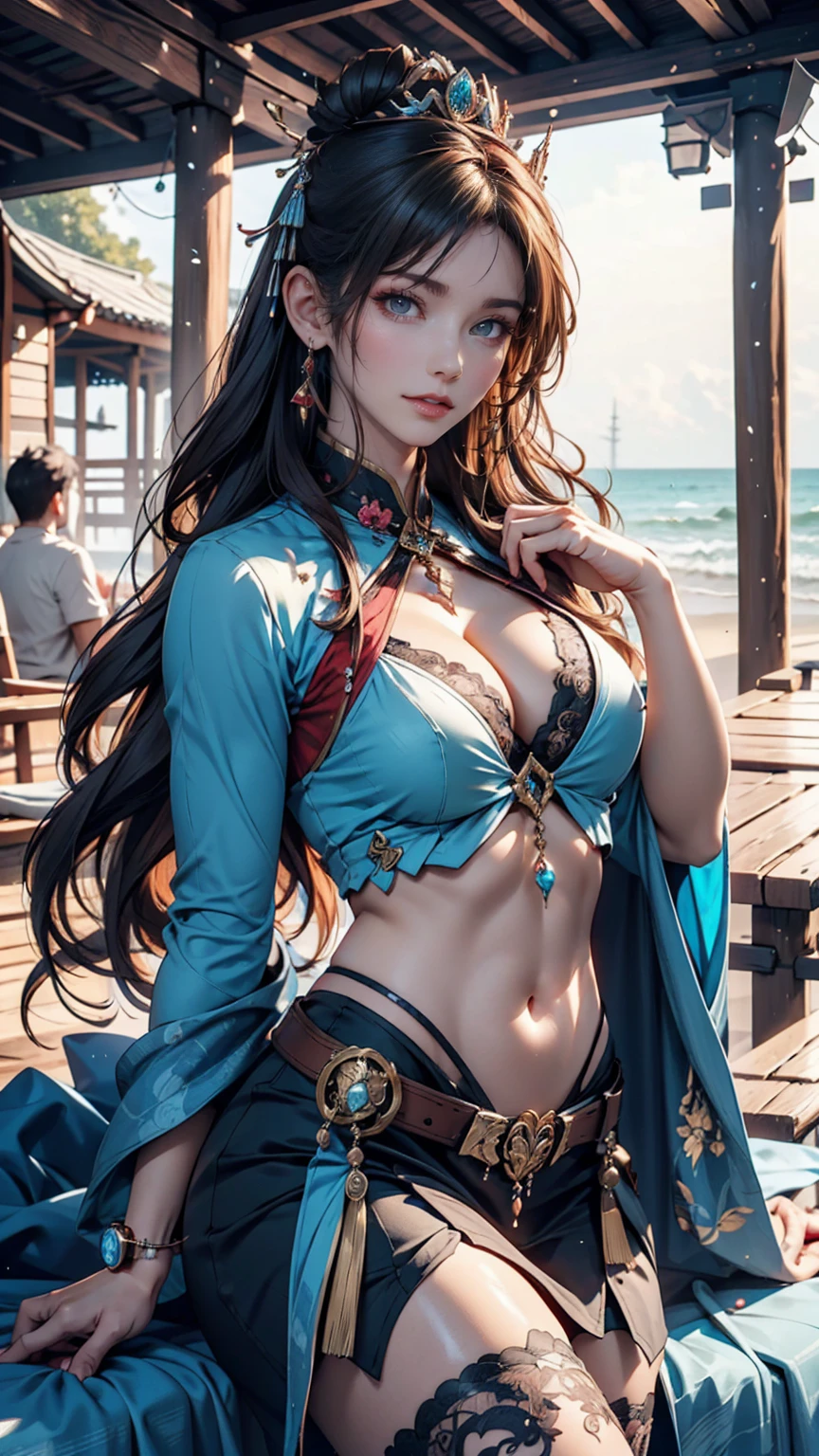 There is a woman sitting on the beach holding a watch, Queen of the Sea Mu Yanling, Beautiful digital art, Highly detailed digital art in 4K, Beautiful Fantasy Empress, 8K high quality, detailed art, Fantasy Beautiful, Jan J, Beautiful gorgeous digital art, Gwaiz, artwork in the style of Gwaiz, Beautiful fantasy art, Chinese Fantasy
