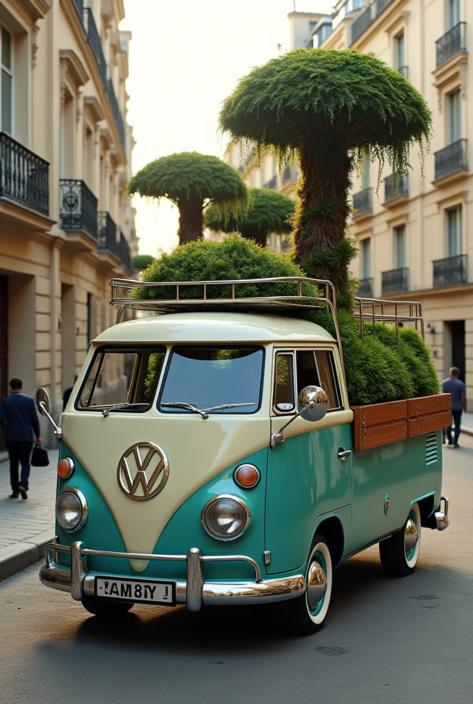 Artistic photography-style image of a vintage 1960s VW van modified into a pickup truck, with a vertical garden structure in the truck bed inspired by Gardens by the Bay. The garden features towering, tree-like structures with lush greenery cascading down, merging nature with futuristic design. The van is parked on a picturesque Parisian street, with elegant architecture in the background, capturing the contrast between the classic vehicle and the avant-garde garden. The scene is framed with soft lighting and rich textures, evoking a timeless yet contemporary atmosphere.
