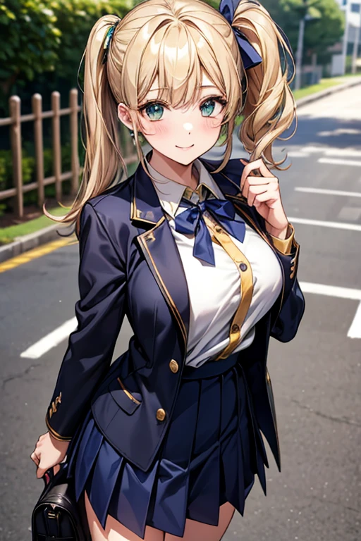 High-quality, ultra-realistic portraits、1 person、high school student、Japanese school uniform、Are standing、smile、looking at the camera、Detailed face、Smooth Skin、Blonde、Side Ponytail、Emerald green eyes、Big Breasts、Natural Makeup、Outdoor Background、custom school uniforms、A cleavage-enhancing white blouse with navy blue accents、Gold Button、Navy blue pleated mini skirt with white trim、Knee-length、Navy blue ribbon tie、white ankle socks、Black leather loafers、Navy blue blazer with gold school emblem on breast pocket、Matching navy blue school bag with gold trim