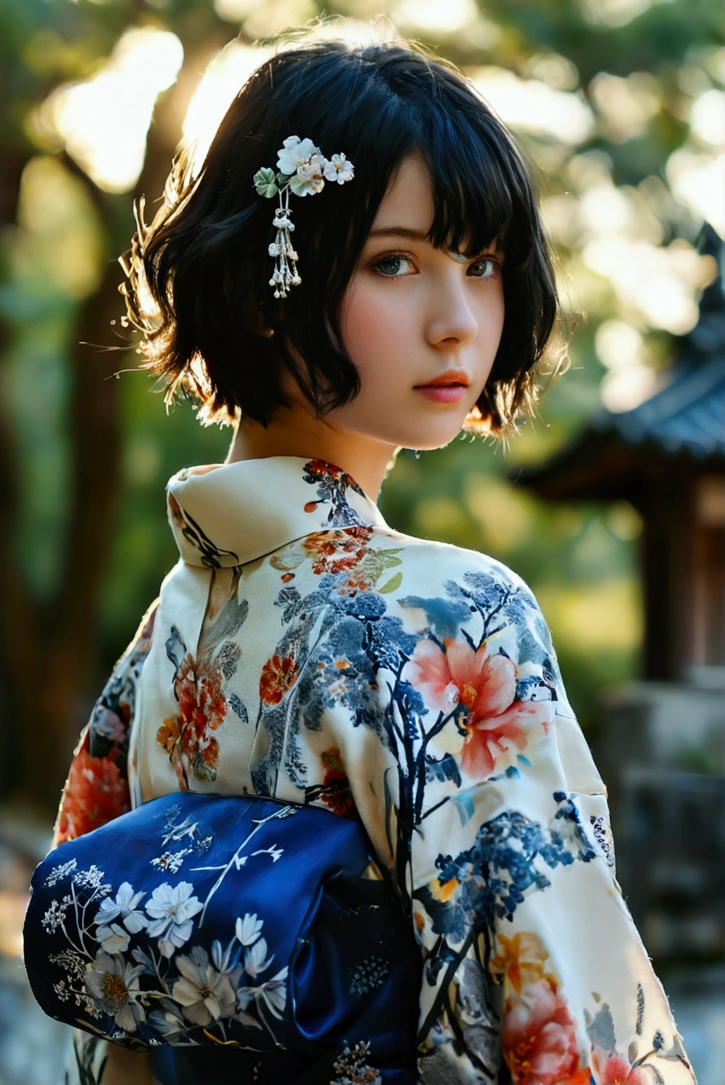 (RAW photo, best quality, masterpiece: 1.2), (photorealistic: 1.4), (Polish girl, 20 years old, black hair, Light grey eyes, short bob cut, hair in 7 thirds, hair over one ear, solo, Detailed Skin:1.1), wearing a yukata with light navy blue watercolor floral pattern on a white background, from the front, with a navy blue sash, a floral hair accessory and a small drawstring bag, daytime, standing at a shrine, trees, sky, full body, detailed background