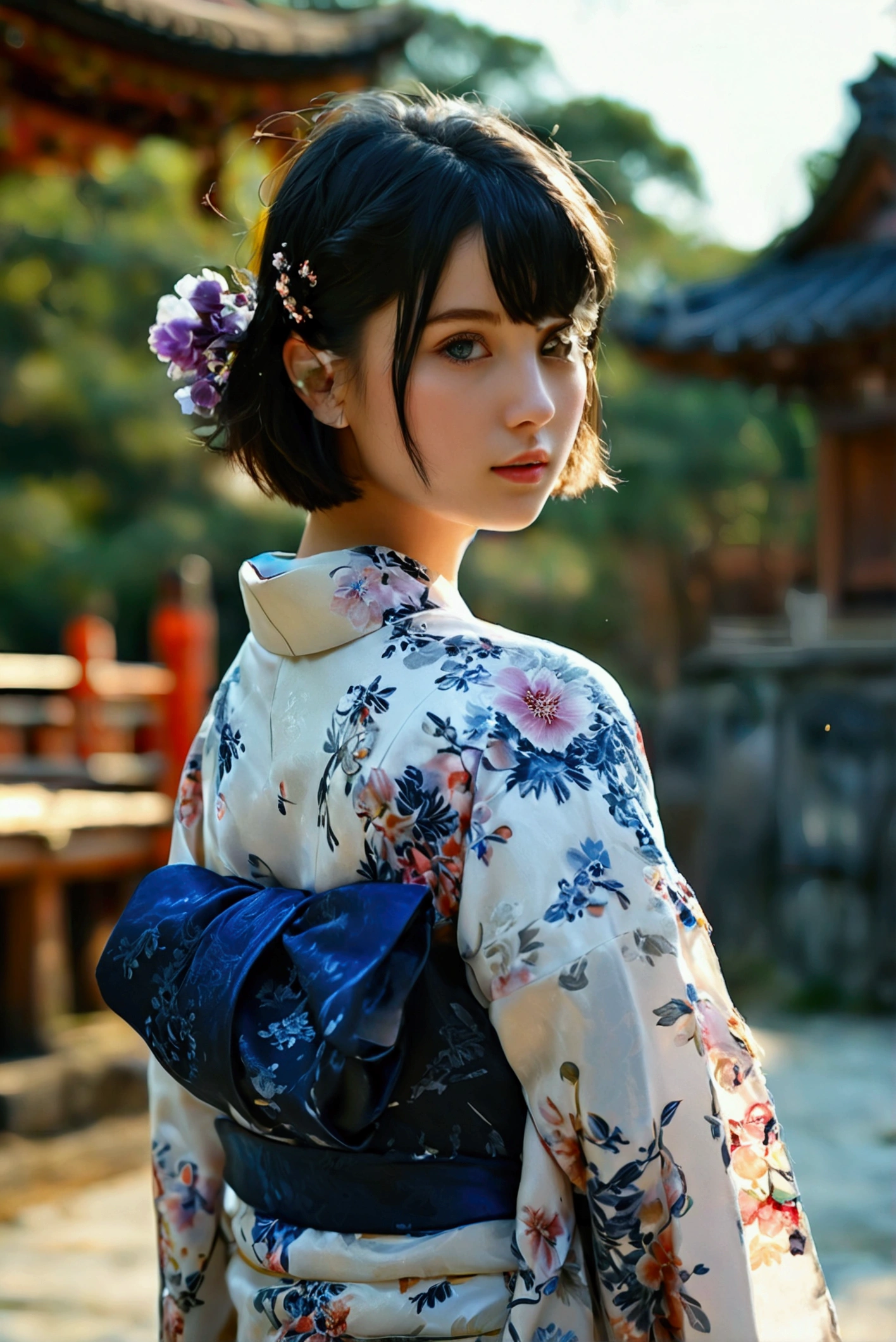 (RAW photo, best quality, masterpiece: 1.2), (photorealistic: 1.4), (Polish girl, 20 years old, black hair, Light grey eyes, short bob cut, hair in 7 thirds, hair over one ear, solo, Detailed Skin:1.1), wearing a yukata with light navy blue watercolor floral pattern on a white background, from the front, with a navy blue sash, a floral hair accessory and a small drawstring bag, daytime, standing at a shrine, trees, sky, full body, detailed background