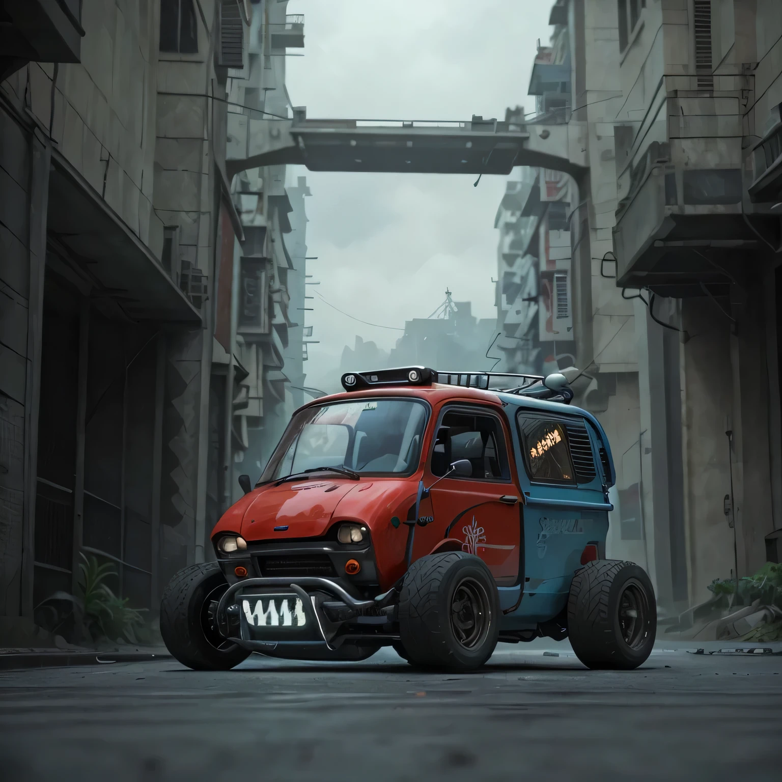 GoPro Shot From One (Cyberpunk tuk-tuk), 3/4 Vista Frontal, Wide-angle action shots, Post-apocalyptic, 屋outside, evening, path, destruction, De-airing, outside, City wall in background, Master Parts, Realistic, 8k, Attention to detail, Dark Theme,