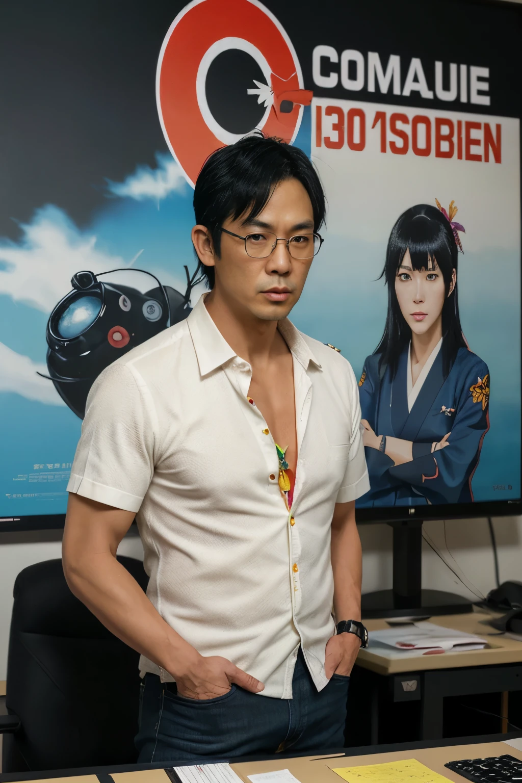 front view, full-body, standing pose, solo, 1 man ,Japanese man, code name L, staff of M , 30 age-old, (black hair, black eyeglass, serious),middle body, lough style fission, (a colorful  aloha shit: 1.3), denim breech, sandal, ((Japanese anime character , computer , monitor, on desk)) , ((007 series poster and mission possible series poster put wall)), noon, (super detail, high details, high quality, accurate, anatomically correct, textured skin, beautiful fingers super detail, high details, high quality, best quality)