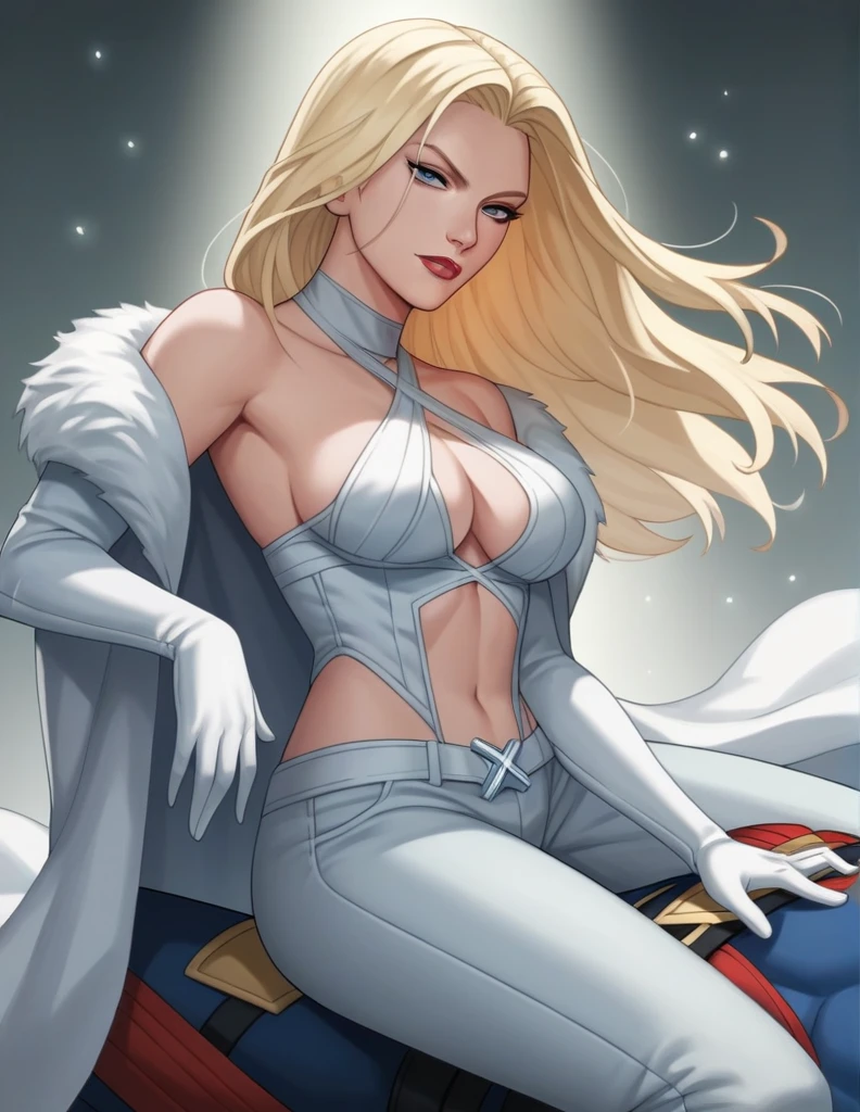 score_9, score_8_up, score_7_up, score_6_up, score_5_up, score_4_up, source_anime,((EF_WntXM_SDXL)), gorgeous emma frost female, beautiful eyes, seductive ,intense gaze,seductive expression,soft lighting,hentai, safe,medium breasts, Emma Frost, bare shoulders, cleavage,(halterneck bikini top, criss-cross halter,criss cross from top to pants ,riding gloves,pants,all white ,(X-MAN)Anime Style, High Details, HD, High Quality,(MARVEL),