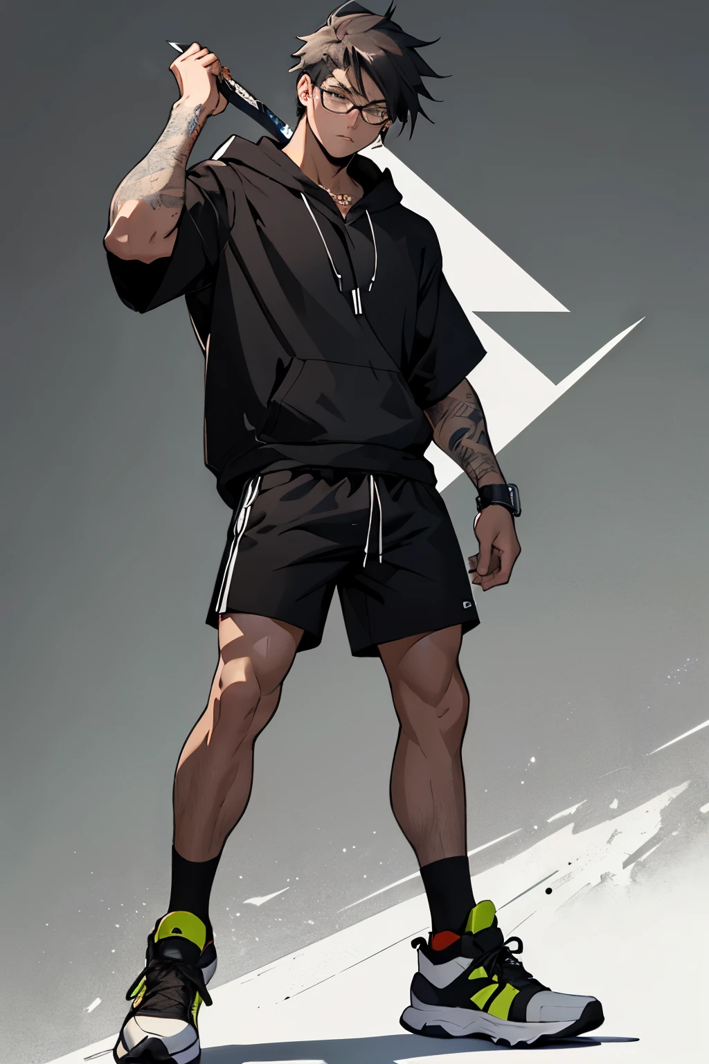 Man, 22 years old, crew cut hairstyle, dark brown eyes, wearing glasses, gray hoodie, black shirt, cat-shaped necklace, black shorts, black All-Star sneakers, battle pose, bored expression, holding a dagger, anime art style, digital art, full body.