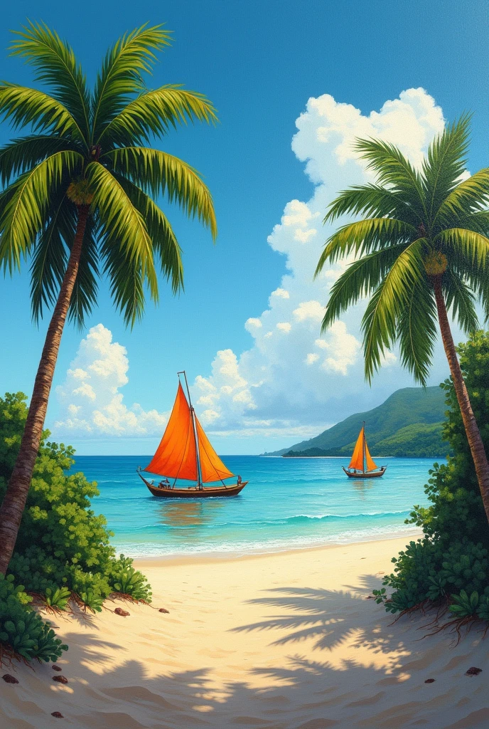 Painting rafts on the sand in the distance with sails in the wind on a beach in the northeast of Brazil without people coconut trees