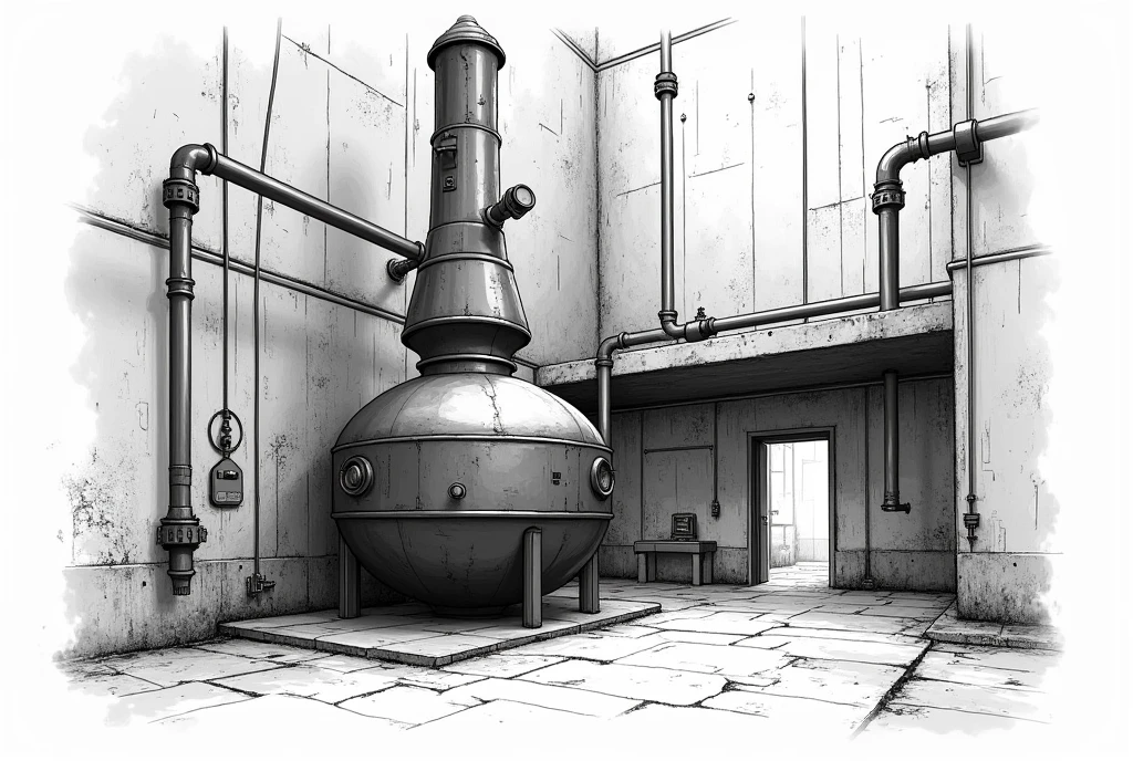 A black and white sketch style portrait of a distillery, freehand drawing, distillery with a spout, cables running through the walls, a room with a still