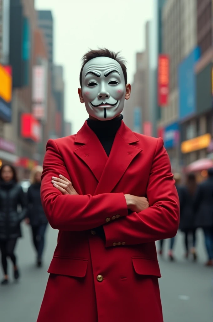 Boy in Money Heist clothes , with a white mask posing for a photo on an avenue