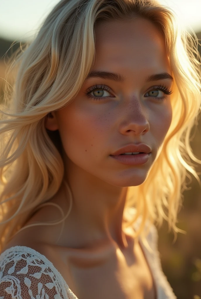 A young 18 year old slim blonde woman, beautiful detailed eyes, beautiful detailed lips, extremely detailed eyes and face, long eyelashes, elegant hairstyle, soft skin, natural lighting, high quality, 8k, photorealistic, masterpiece, intricate details, natural outdoor setting, golden hour lighting, warm color tones, cinematic composition