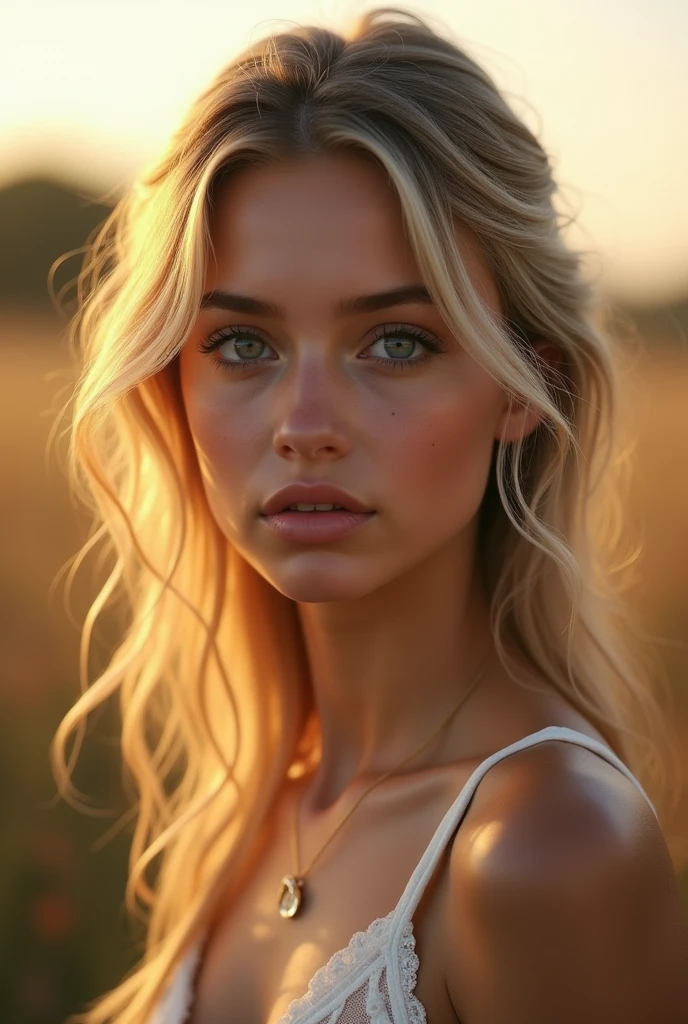 A young 18 year old slim blonde woman, beautiful detailed eyes, beautiful detailed lips, extremely detailed eyes and face, long eyelashes, elegant hairstyle, soft skin, natural lighting, high quality, 8k, photorealistic, masterpiece, intricate details, natural outdoor setting, golden hour lighting, warm color tones, cinematic composition