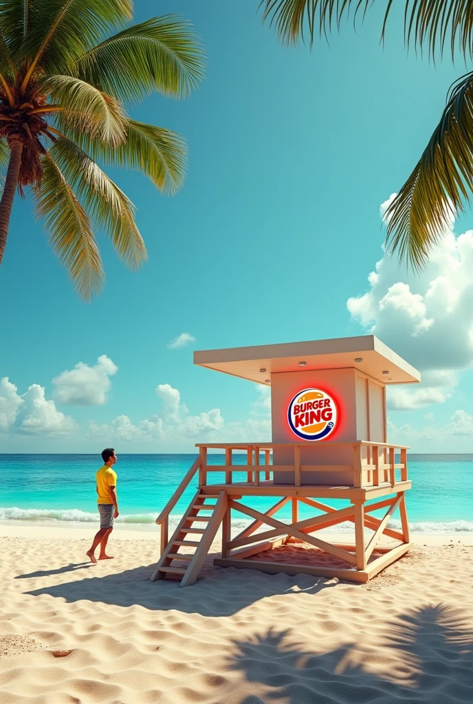 On the beach, Luminous Burger King logo hanging on  lifeguard guardhouse, 8k, High Quality, Sunny Day, Sea, Vacation, lifeguard man