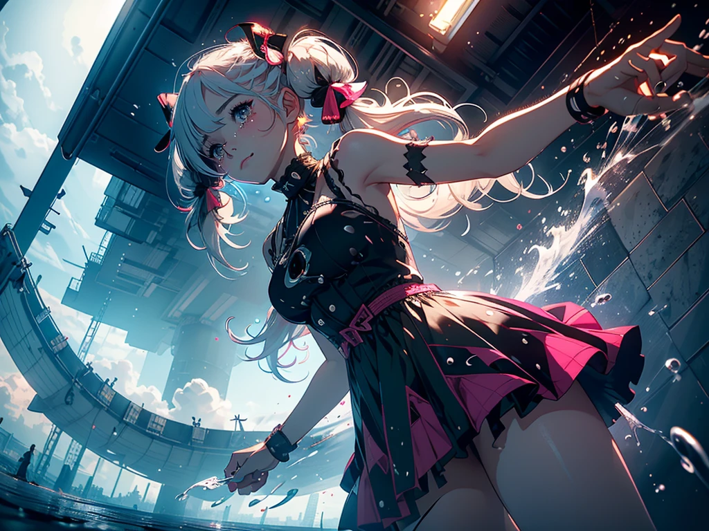 Hair shaking, victory, Long eyelashes, Solid round eye, A faint smile, ear blush, direction, (White hair), cosmetic, blush, sad, sad smile, shadow, Relief, Atmospheric perspective, 8K, Super Detail, precise, best quality, (Cyberpunk), Movie Lighting, masterpiece,1 Girl, ((((Short twin tails)))), Colorful hair, flight, Pink bow,((Female Model)), (Angel Halo), ((( wing ))), bold, striking, fashionable, panoramic, Eye level shot, tiling from below,, (((ta dress))), (((Wide-angle lens))), (((( Splash of Color )))),8k,Ultra-clear