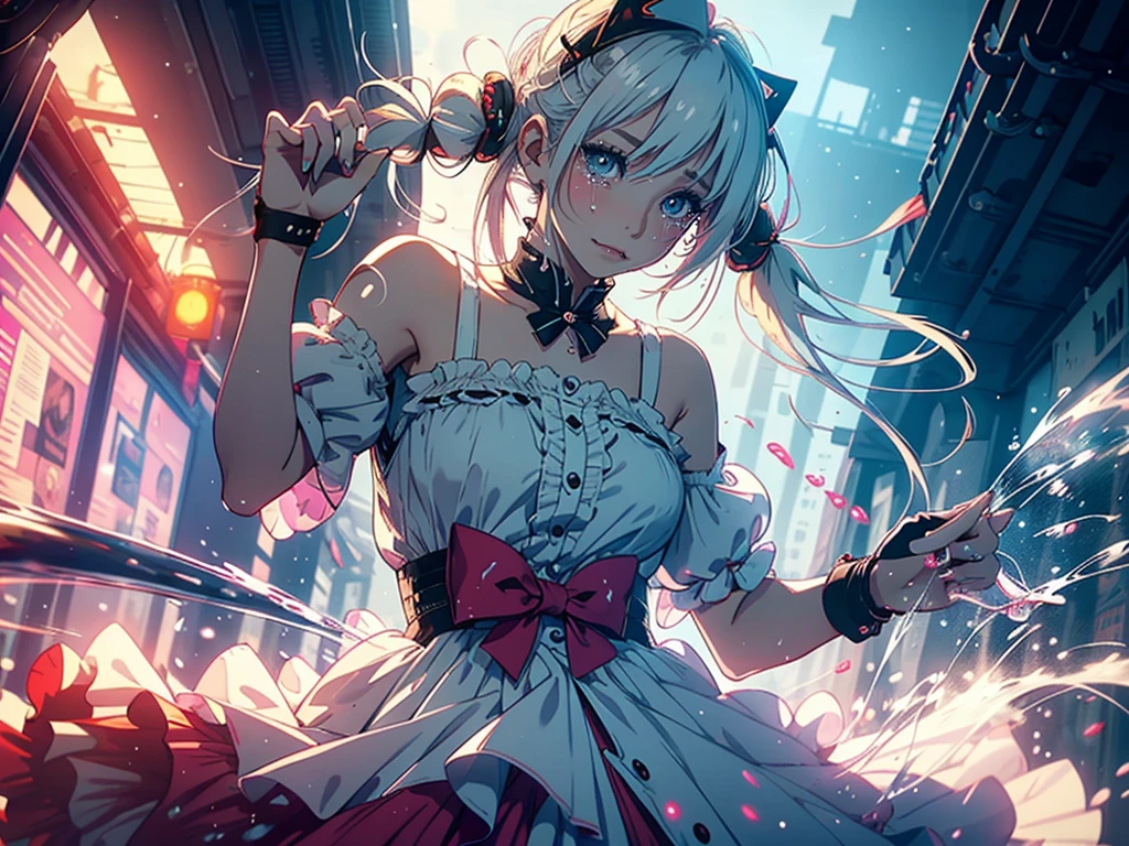Hair shaking, victory, Long eyelashes, Solid round eye, A faint smile, ear blush, direction, (White hair), cosmetic, blush, sad, sad smile, shadow, Relief, Atmospheric perspective, 8K, Super Detail, precise, best quality, (Cyberpunk), Movie Lighting, masterpiece,1 Girl, ((((Short twin tails)))), Colorful hair, flight, Pink bow,((Female Model)), (Angel Halo), ((( wing ))), bold, striking, fashionable, panoramic, Eye level shot, tiling from below,, (((Lolita dress))), (((Wide-angle lens))), (((( Splash of Color )))),8k,Ultra-clear