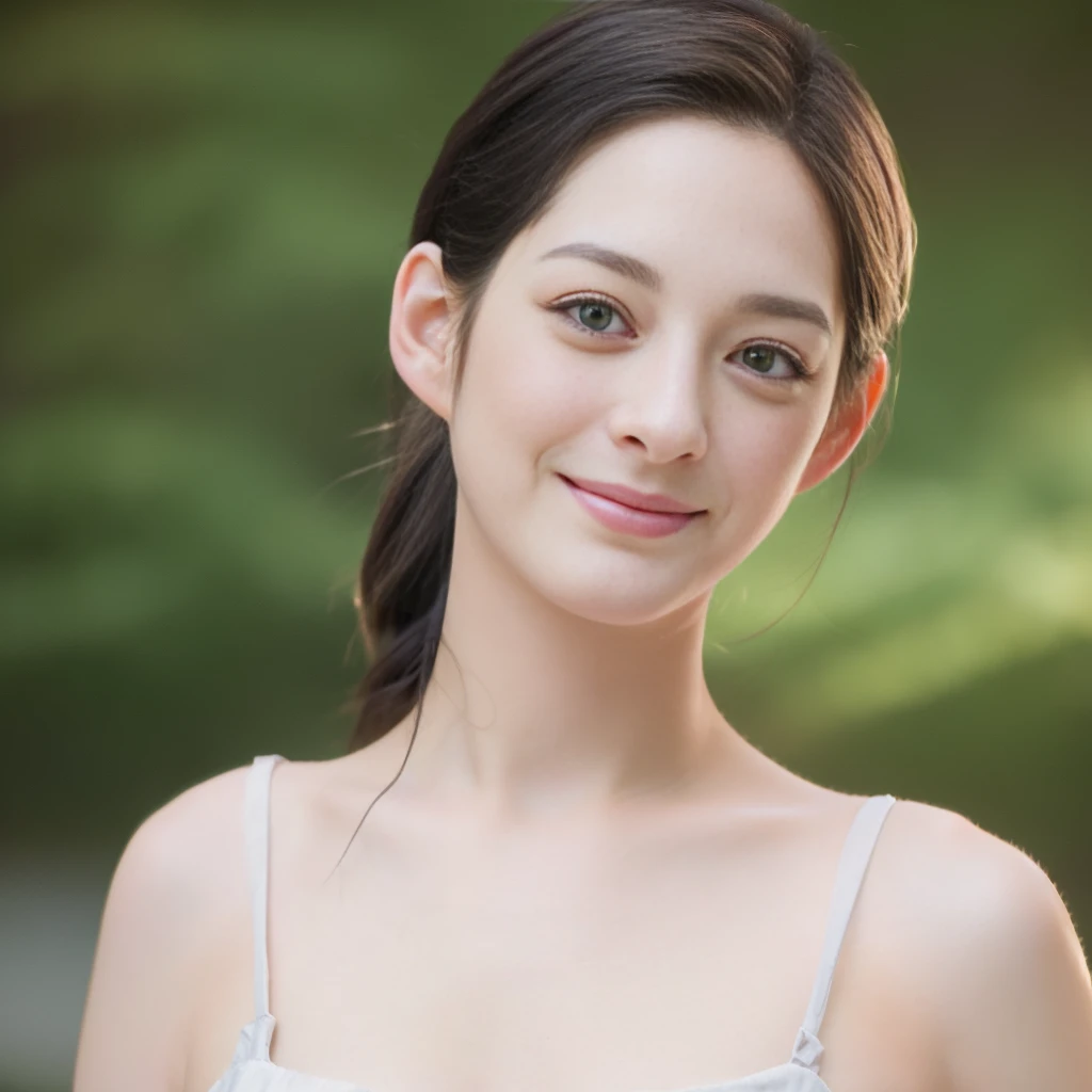 a Close-up portrait of gorgeous smiling cute Japanese woman in a nudity outfit, delicate facial features, porcelain-skinned, ponytail, a fusion of young Marion Cotillard's striking eyes and young Anne Hathaway's introspective gaze, long and slender cute face, Asian winged eyes, wavy nose, full wide lips, flowing very long straight black hair in the air, silhouette, bokeh,