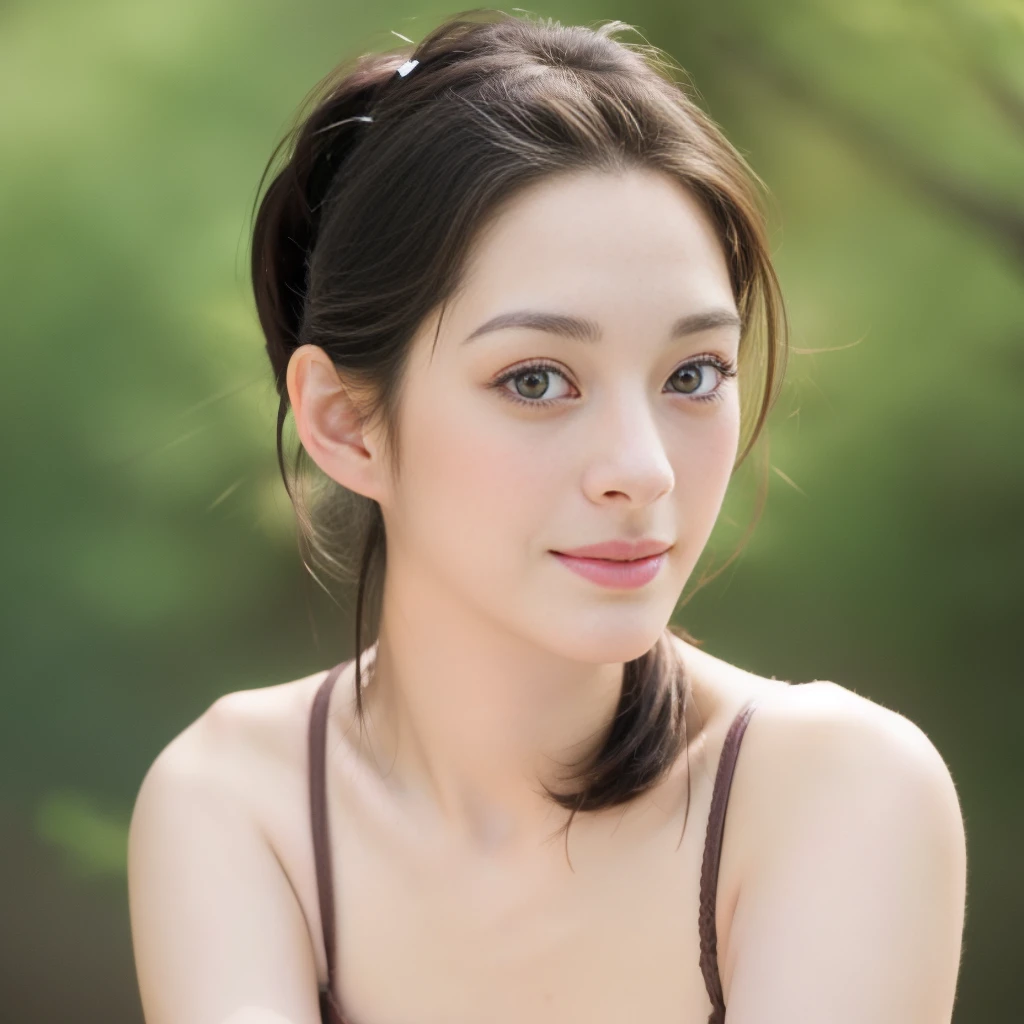 a Close-up portrait of gorgeous smiling cute Japanese woman in a nudity outfit, delicate facial features, porcelain-skinned, ponytail, a fusion of young Marion Cotillard's striking eyes and young Anne Hathaway's introspective gaze, long and slender cute face, Asian winged eyes, wavy nose, full wide lips, flowing very long straight black hair in the air, silhouette, bokeh,