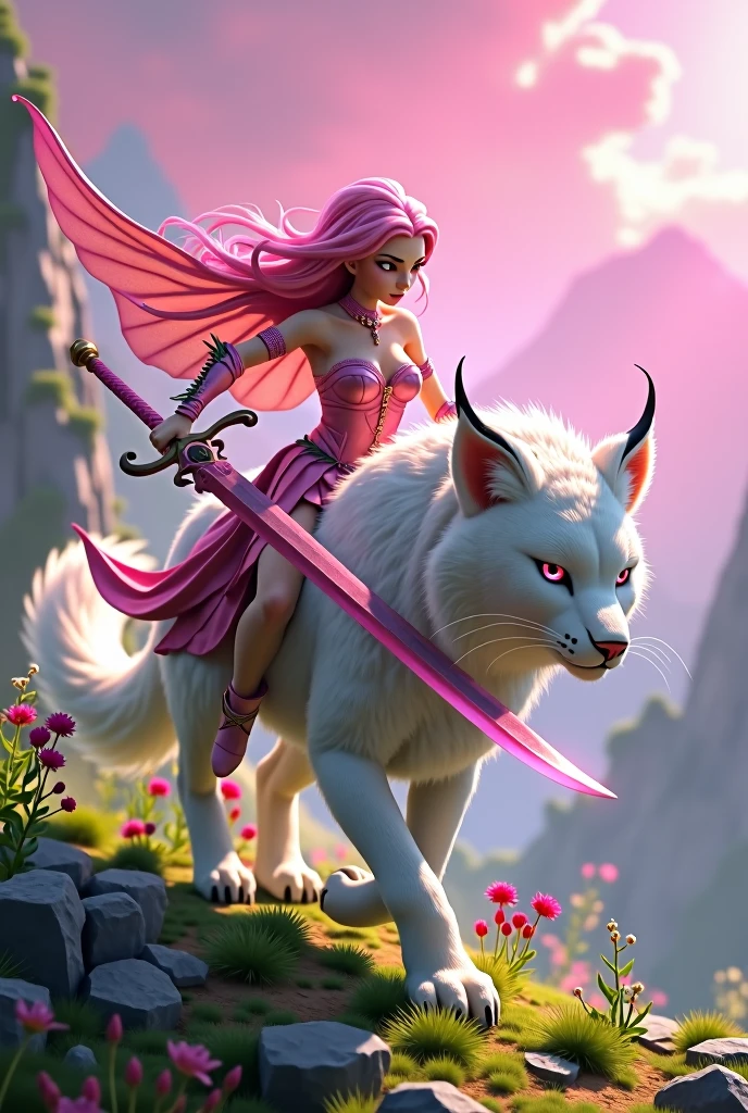 A pink hair edle fairy with a sharp pink sword, riding a white lynx with pink eyes and a sharp nose in a battle field in a valley of its own, with a backdrop of a pink sky with a sharp, defined border. HD, 8K, ultra-realistic, hyper-detailed, hyper-quality, bright lighting, faded. detalied face