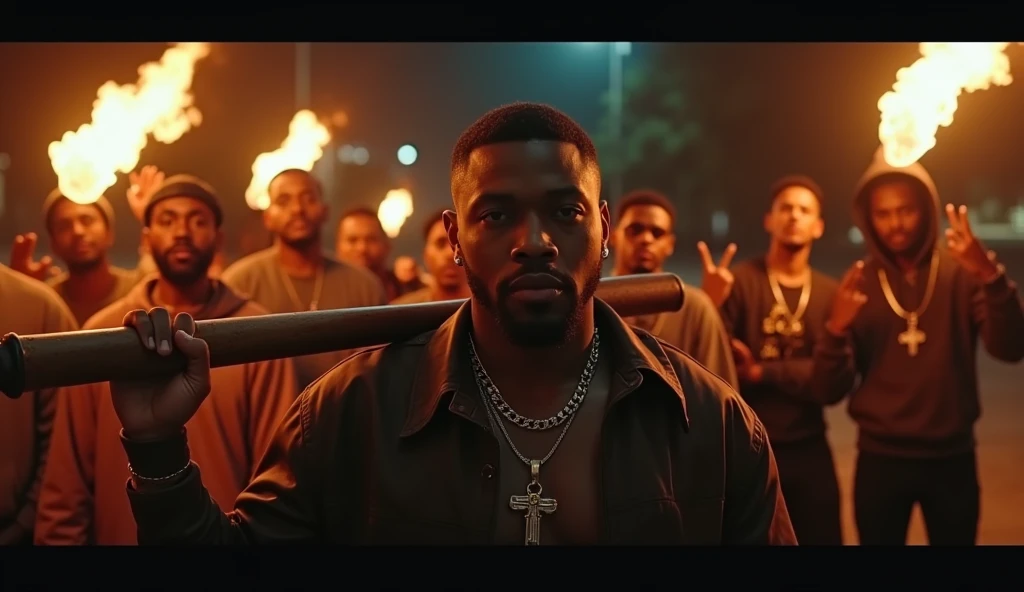 Crie uma miniatura para o videoclipe big dawgs, everyone making gang symbol with their hand, gangster clothes, just one singing holding a baseball bat resting on his shoulder face focused, night ambience, some of them holding flaming torches