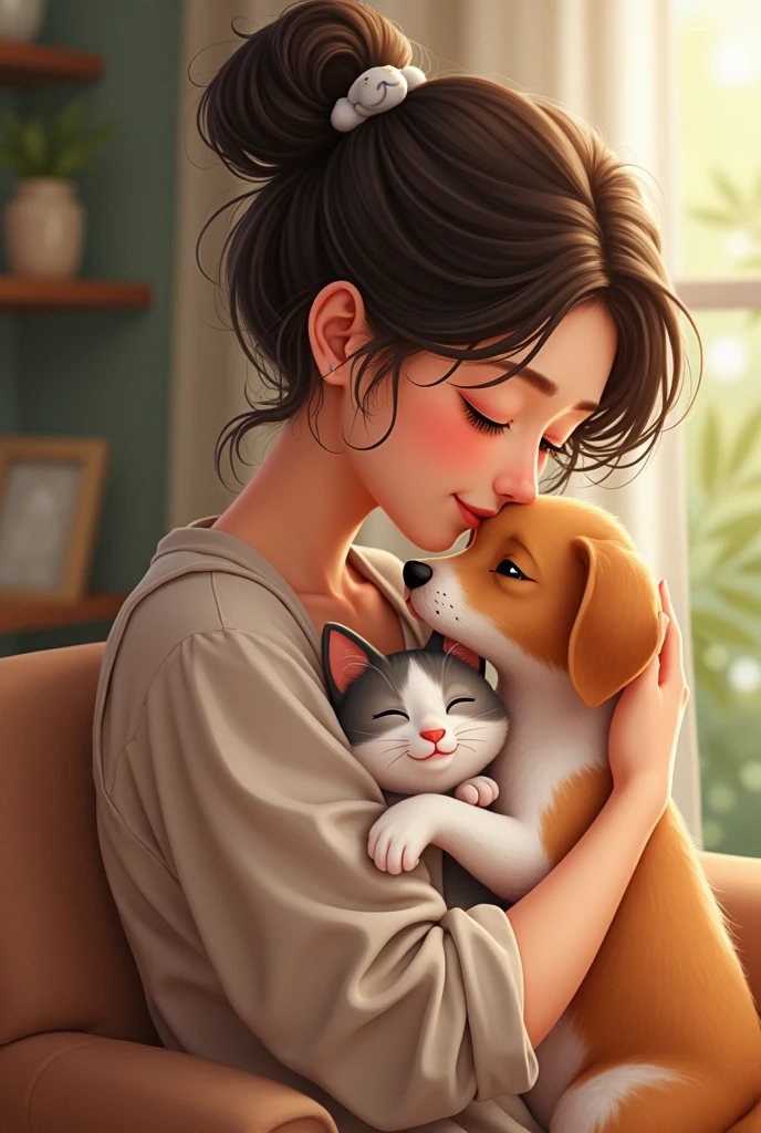 Woman hugging cat and dog