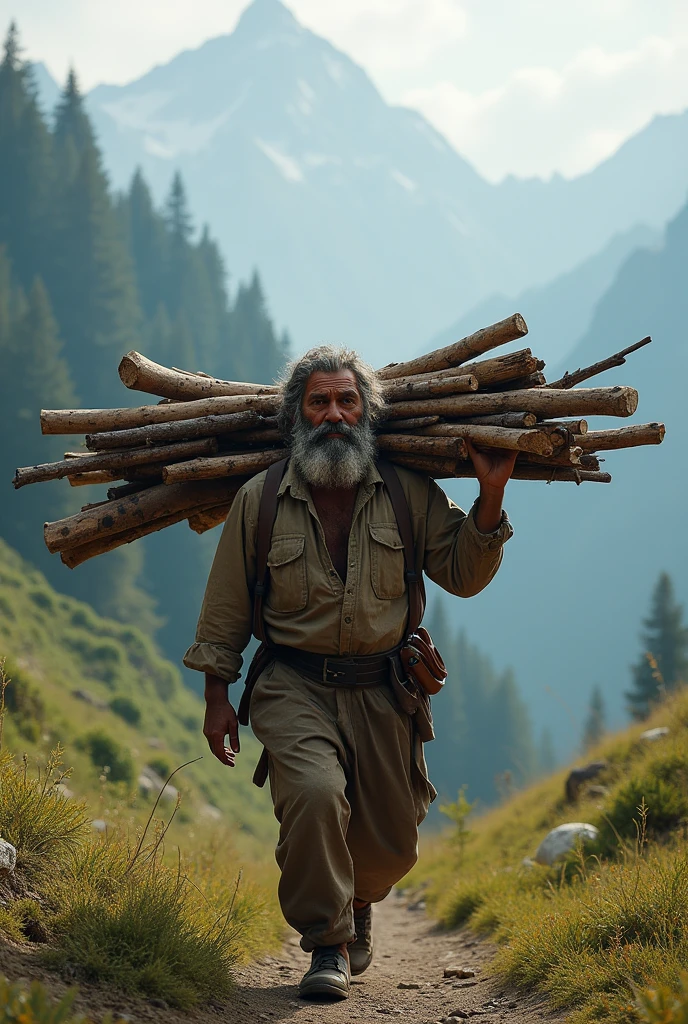 Like a muleteer (farmer) He carries wood in his arms that he obtained from the surroundings of a mountain range.