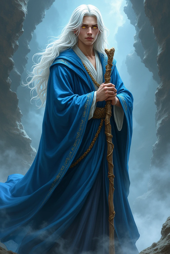 Male wizard in blue robe holding staff, LONG white hair, yellow  eyes, age 20 years