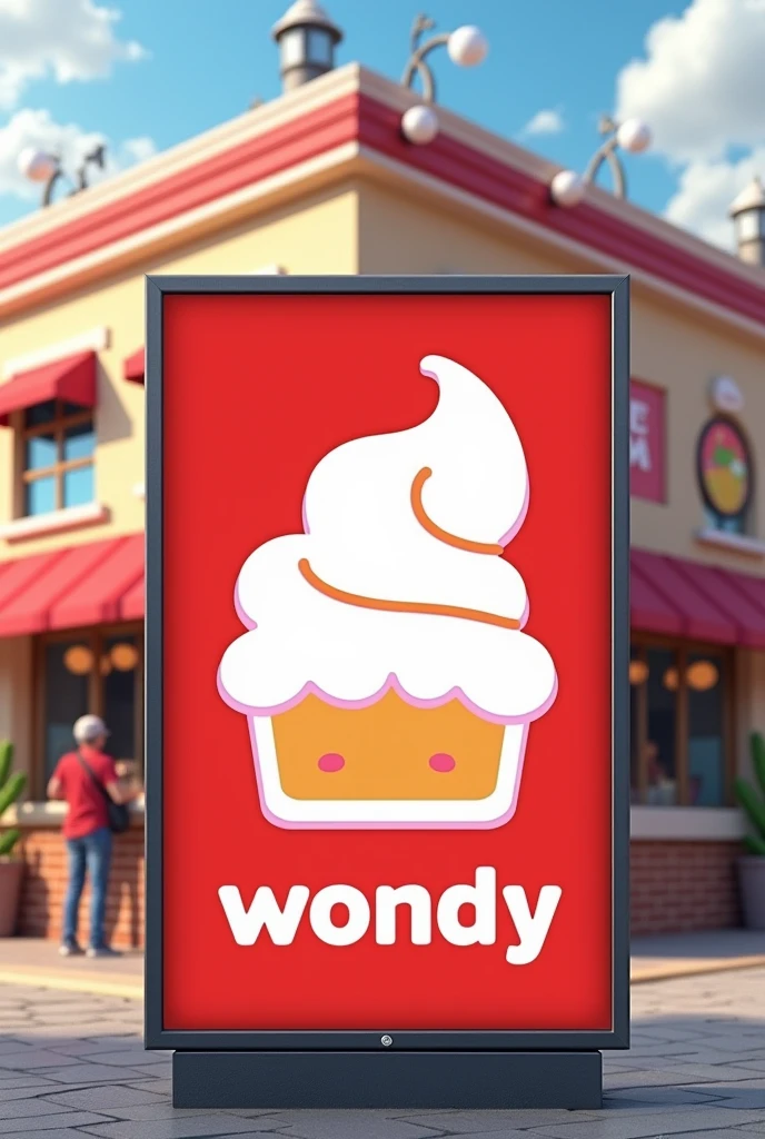 Outdoor advertising with the name WONDY Ice Cream Distributor with red and white colors with a modern design, simple and fun with white dots on top of an ice cream shop 
