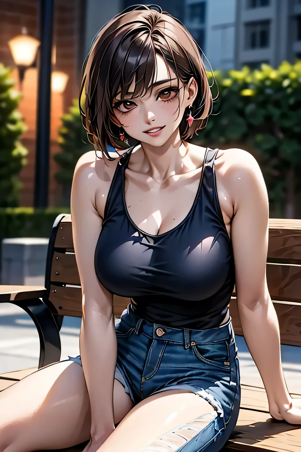 (1 Ultimate Beauty), Very detailedな顔, Beautiful brown eyes, double eyelid, Slightly thick detailed lip, Short black hair, Attractive and sexy, 48 years old, (Tank top, Tight jeans shorts:1.2), Big Breasts, Earrings, (night、Sitting on a bench on a public road), (From head to the hem of the skirt) ,8k, RAW Photos, Highest quality, masterpiece,Highest quality, Perfect lighting, (Realistic:1.4), (Very detailed), (Highest quality), (Best Shadow), (masterpiece), Ultra-high resolution