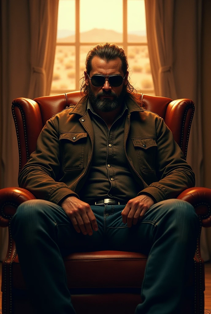 (photorealism:1.2), rugged man, sitting on an antique chair, wearing a jacket and dark glasses covering his eyes, jeans, long combed hair, soft lighting, desert in the background, window with sunlight, intimidating room, confident pose, realistic and intricate details, warm colors