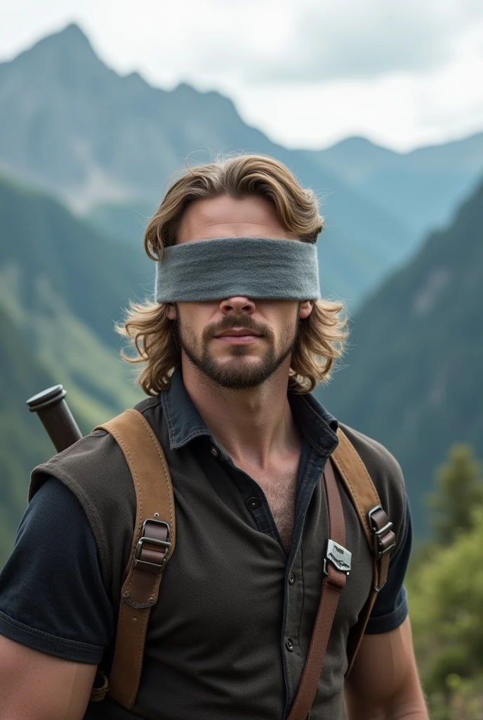 There is a man standing in a mountainous area. He is quite masculine, in his late twenties, and has medium shoulder length hair. His hair is thick and dark blonde, having a waviness to it and curls at the base of the neck. The top of the hair goes down to his mouth, and the back goes down just past the base of his neck. His hairstyle is a middle part flow, with layered hair. He has a trimmed beard. He wears a grey blindfold over his eyes. He also wears simplistic medieval clothing, looking somewhat like a Viking.