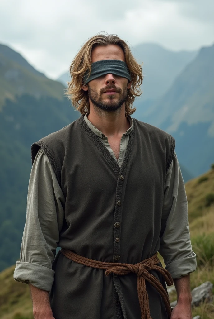 There is a man standing in a mountainous area. He is quite masculine, in his late twenties, and has medium shoulder length hair. His hair is thick and dark blonde, having a waviness to it and curls at the base of the neck. The top of the hair goes down to his mouth, and the back goes down just past the base of his neck. His hairstyle is a middle part flow, with layered hair. He has a trimmed beard. He wears a grey blindfold over his eyes. He also wears simplistic medieval clothing, looking somewhat like a Viking.