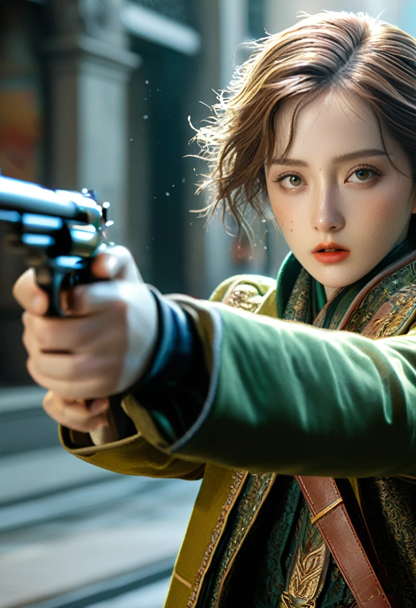 high quality, 8K Ultra HD, 一位迷人女性的超realism肖像.
((Masterpieces in up to 16K resolution):1.6), ((Soft_color_photography:)1.5), ((Extremely detailed):1.4), ((Cinematic still images and dynamic angles):1.3), ((Motion Blur):1.1), ((Ultra wide angle):1.5), ((fisheye photo):1.3), Award-winning masterpiece,Stunning details, Epic shock, (flash), (Visual experience), (Practical), Hidden Shot, Extremely detailed, Scene concept anti-glare effect, All captured in sharp focus. Presented in Ultra HD and Retina quality, This masterpiece ensures anatomically correct and ultra-detailed textured skin. 注重high quality和准确性, This award-winning work captures every nuance in stunning 16k resolution, (realism), Film Grain, The art of math, Unreal Engine,Harry Clark (Harry Clarke) style,Character concept design,Half Body,Holding a pistol,Focus hand shot,(Motion Blur,Background blur:1.5),Tactical equipment,(Create a radical composition:1.8)