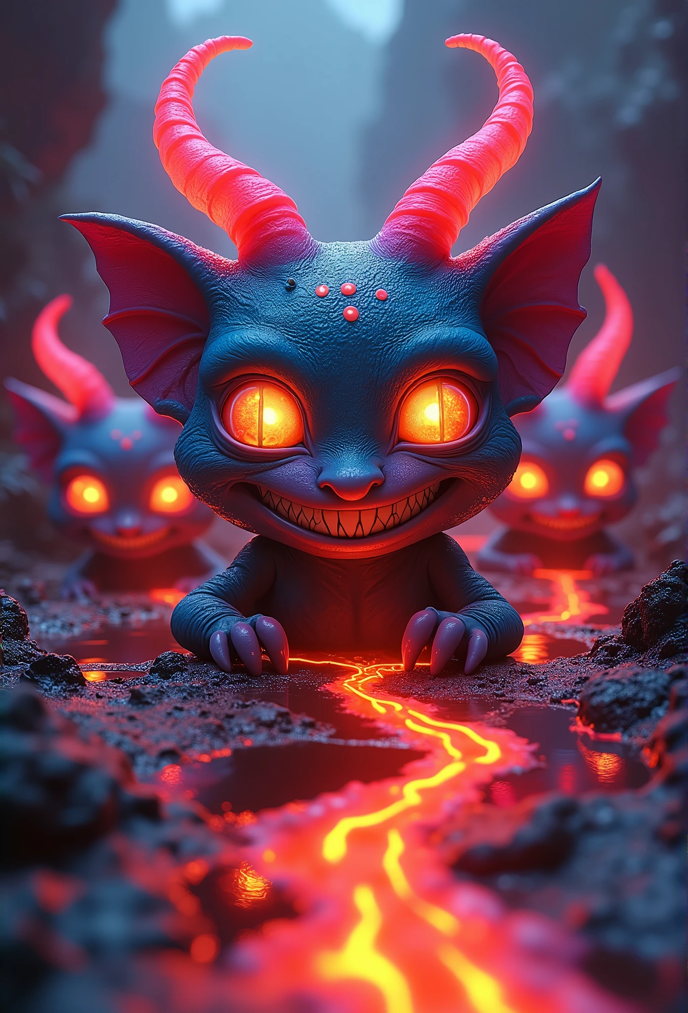 Colorful demons, Hyper-realistic, Artistic, There is cuteness in fear,neonlight,A large amount of magma slipped from the face
