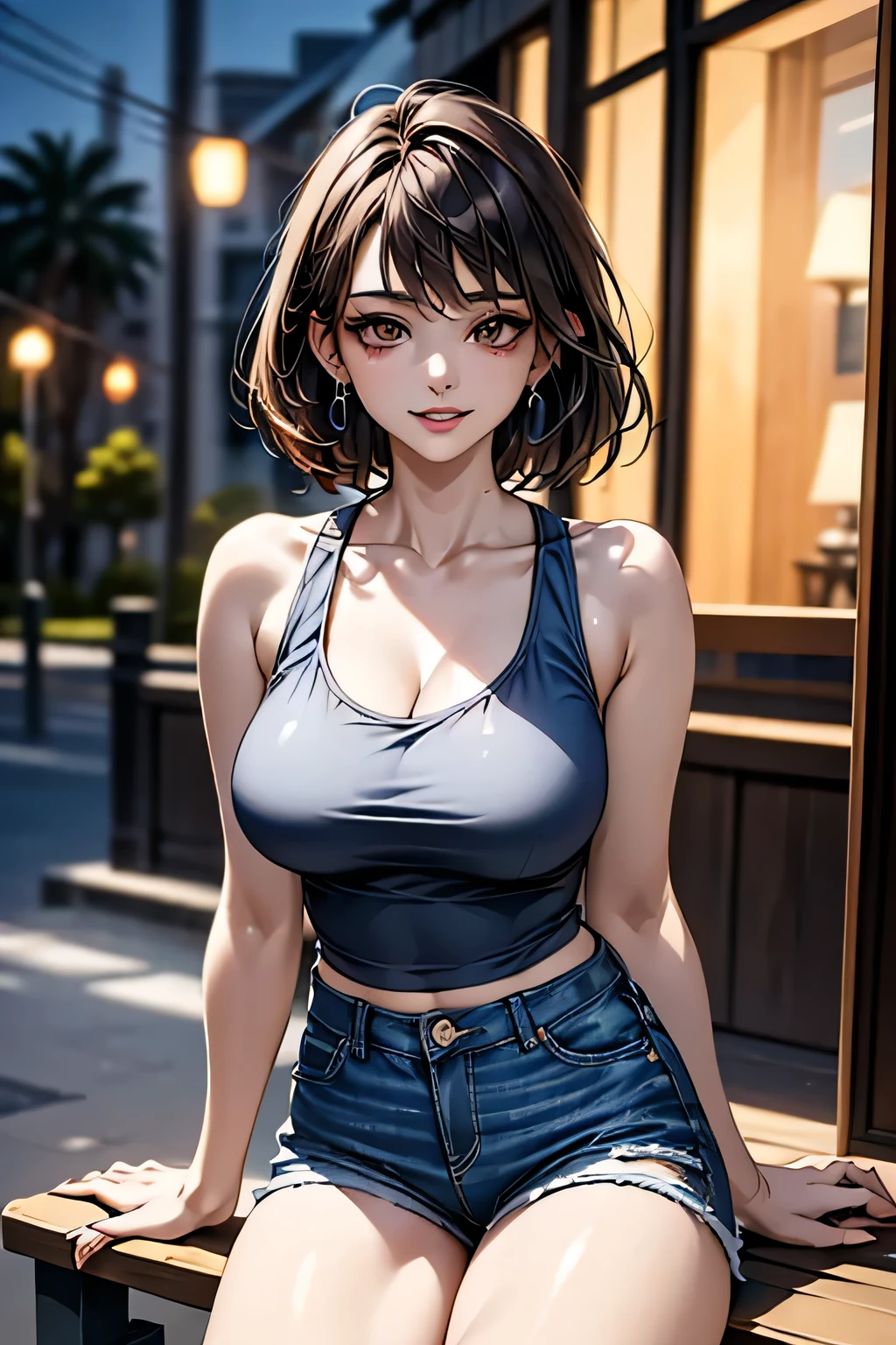 (1 Ultimate Beauty), Very detailedな顔, Beautiful brown eyes, double eyelid, Slightly thick detailed lip, Short black hair, Attractive and sexy, 48 years old, (Tank top, Tight jeans shorts:1.2), Big Breasts, Earrings, (night、Sitting on a bench on a public road), (From head to the hem of the skirt) ,8k, RAW Photos, Highest quality, masterpiece,Highest quality, Perfect lighting, (Realistic:1.4), (Very detailed), (Highest quality), (Best Shadow), (masterpiece), Ultra-high resolution