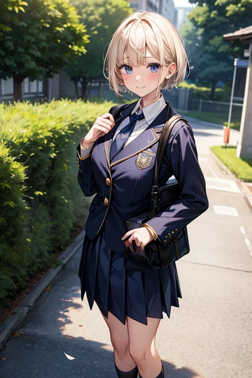 High-quality, ultra-realistic portraits、1 person、high school student、Japanese school uniform、Are standing、smile、looking at the camera、Detailed face、Smooth Skin、Platinum Blonde Hair、short hair、Blue Eyes、Natural Makeup、Outdoor Background、custom school uniforms、White blouse with navy blue accents、Gold Button、Navy blue pleated skirt with white trim、Knee-length、Navy blue ribbon tie、white ankle socks、Black leather loafers、Navy blue blazer with gold school emblem on breast pocket、Matching navy blue school bag with gold trim