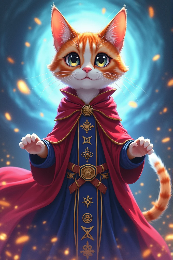An anthropomorphic cat the same size as an 18-year-old human wearing a 2D anime-style sorceress dress